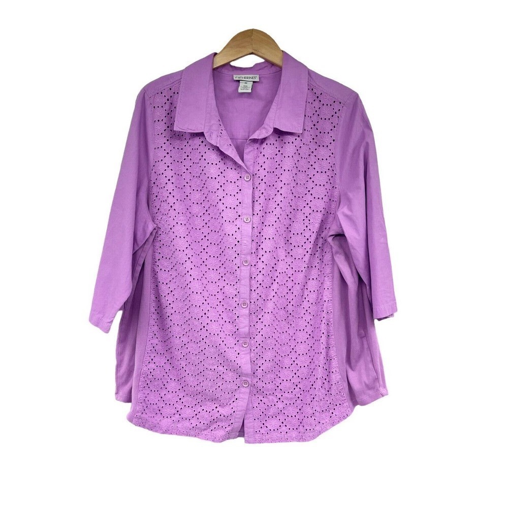 Catherines Top 0X Light‎ Purple Lavender Semi-Sheer Eyelet 3/4 Sleeve Button